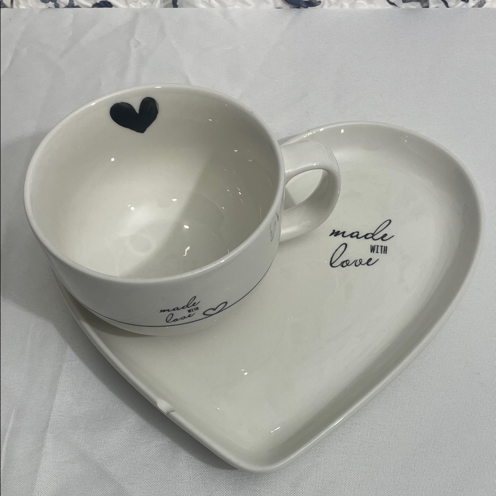 Heart-Shaped White Ceramic Cup and Saucer Set